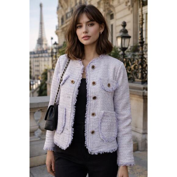 BBGD Jackets & Blazers - BBGD Lavender Tweed Fringe Designer Blazer Jacket Button Cropped Parisian Size L